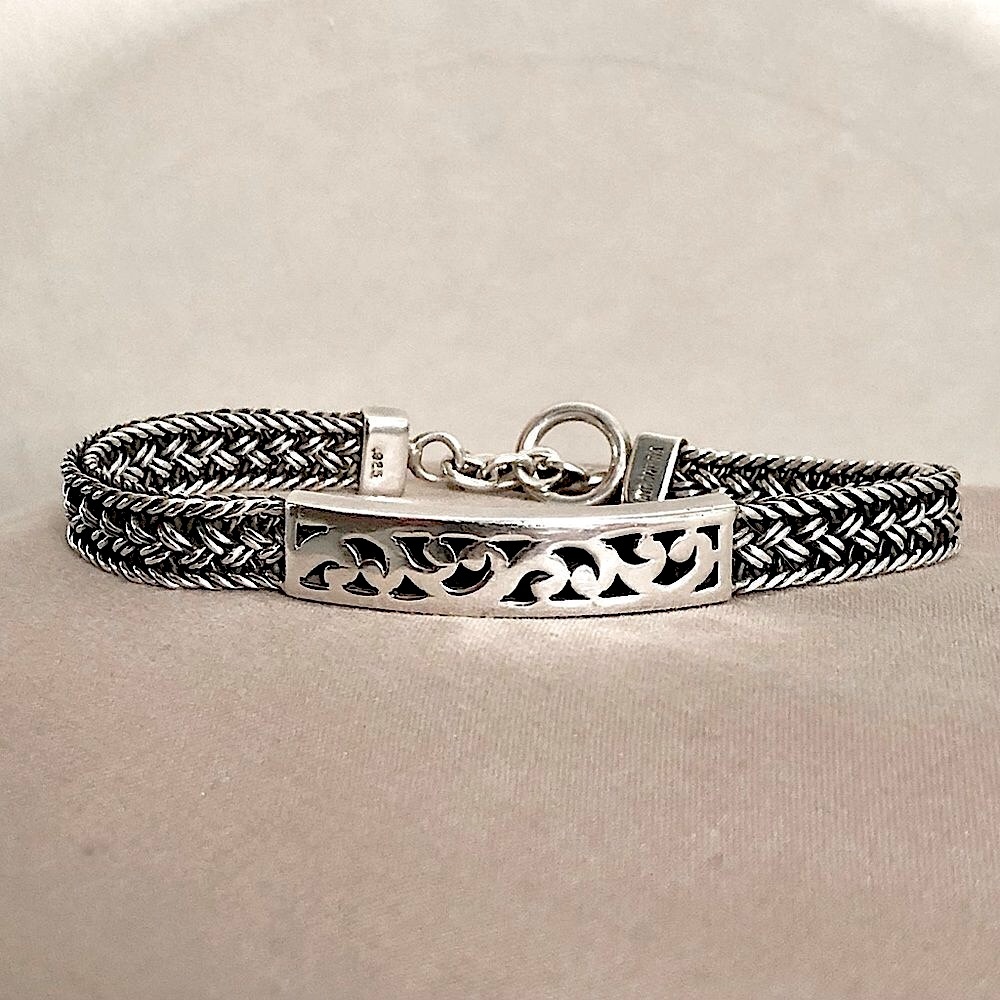 LOIS HILL Sterling Silver Thai Weave ID Bracelet w Cut Out Design Toggle Clasp